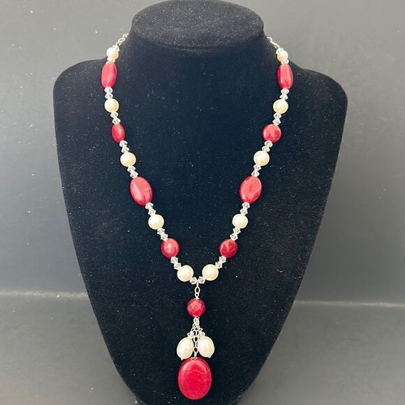 Artisan Made Red Quartz, Pearl, Crystal Sterling Silver Lariat Necklace - Picture 1 of 7